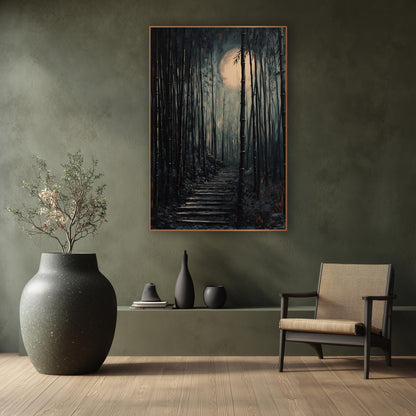 Moonlit Bamboo Steps Japandi wall art in a calm Japandi-style room – dark bamboo grove with a worn stairway rising
