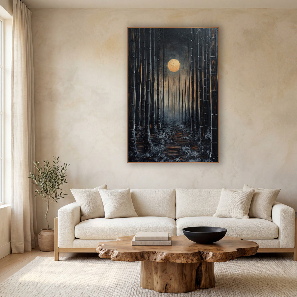 Moonlit Bamboo Path Japandi wall art in a calm Japandi-style room – dark bamboo grove at night with a glowing gold