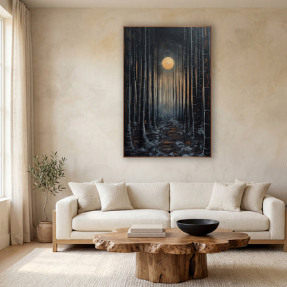 Moonlit Bamboo Path Japandi wall art in a calm Japandi-style room – dark bamboo grove at night with a glowing gold
