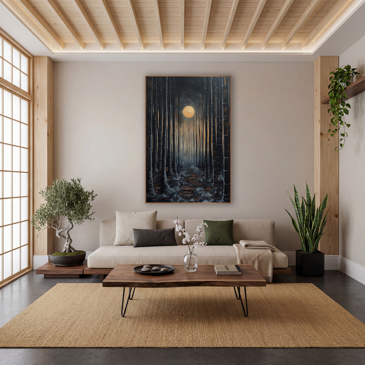 Moonlit Bamboo Path Japandi wall art in a calm Japandi-style room – dark bamboo grove at night with a glowing gold