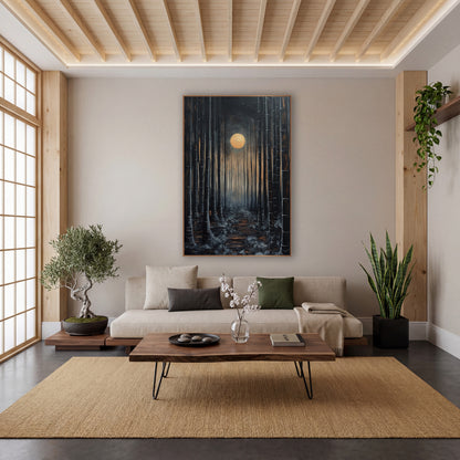Moonlit Bamboo Path Japandi wall art in a calm Japandi-style room – dark bamboo grove at night with a glowing gold