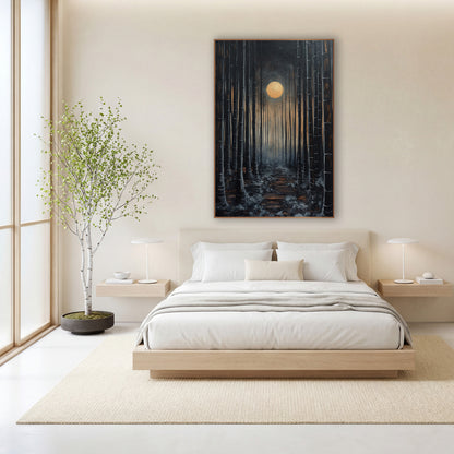 Moonlit Bamboo Path Japandi wall art in a calm Japandi-style room – dark bamboo grove at night with a glowing gold