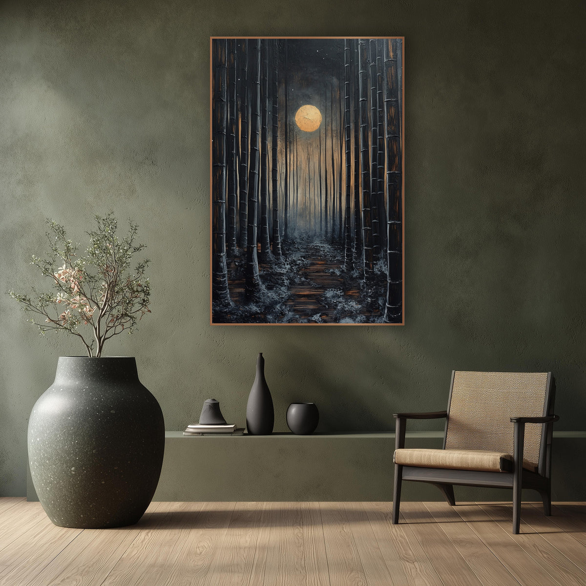Moonlit Bamboo Path Japandi wall art in a calm Japandi-style room – dark bamboo grove at night with a glowing gold