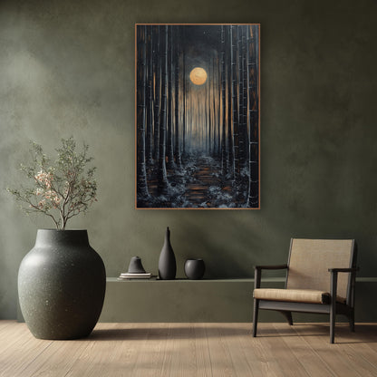 Moonlit Bamboo Path Japandi wall art in a calm Japandi-style room – dark bamboo grove at night with a glowing gold