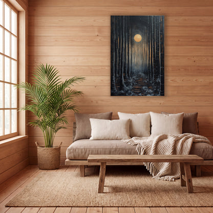 Moonlit Bamboo Path Japandi wall art in a calm Japandi-style room – dark bamboo grove at night with a glowing gold