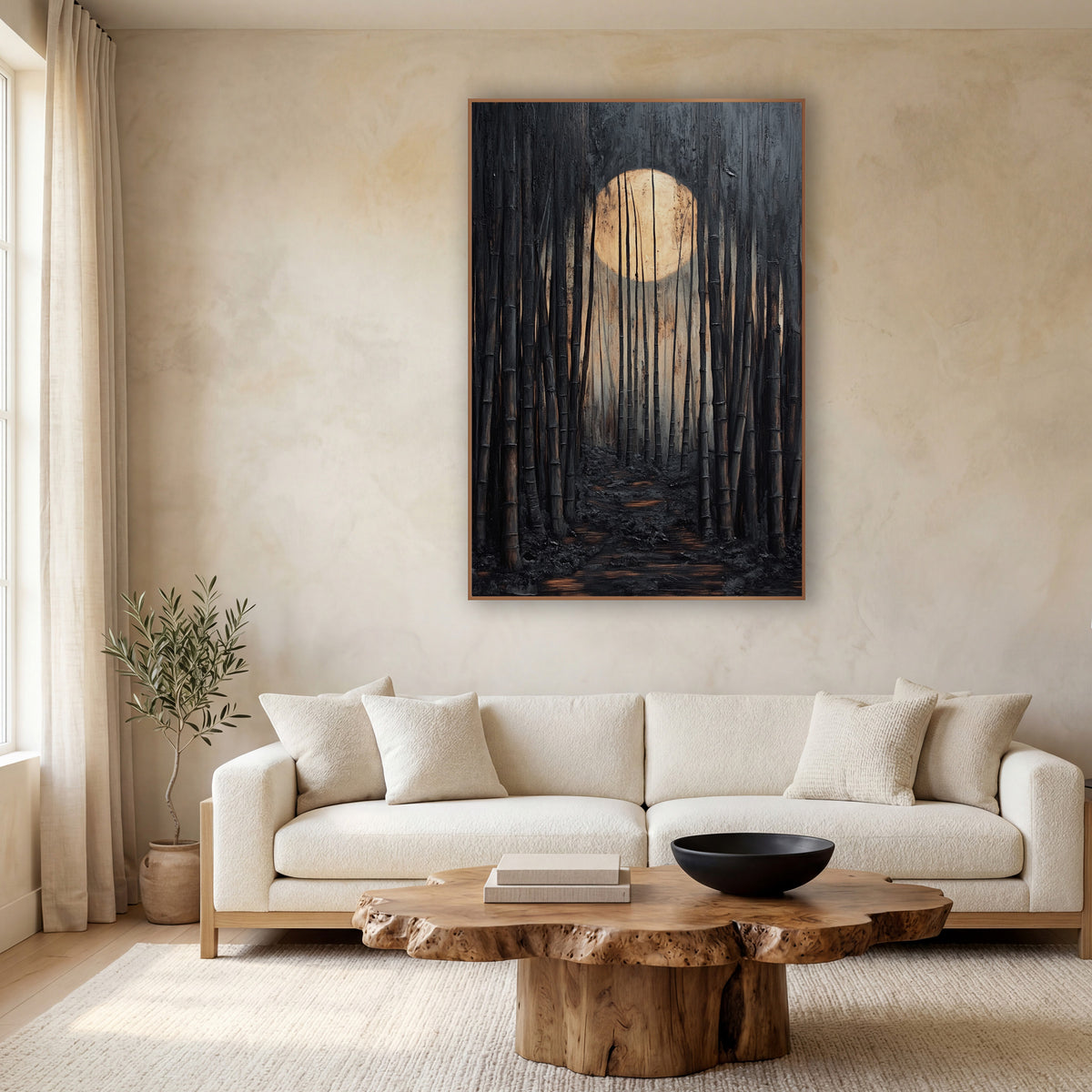 Moonlit Bamboo Grove Path Japandi wall art in a calm Japandi-style room – dark bamboo grove with a large glowing cream