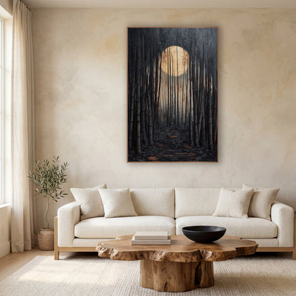 Moonlit Bamboo Grove Path Japandi wall art in a calm Japandi-style room – dark bamboo grove with a large glowing cream