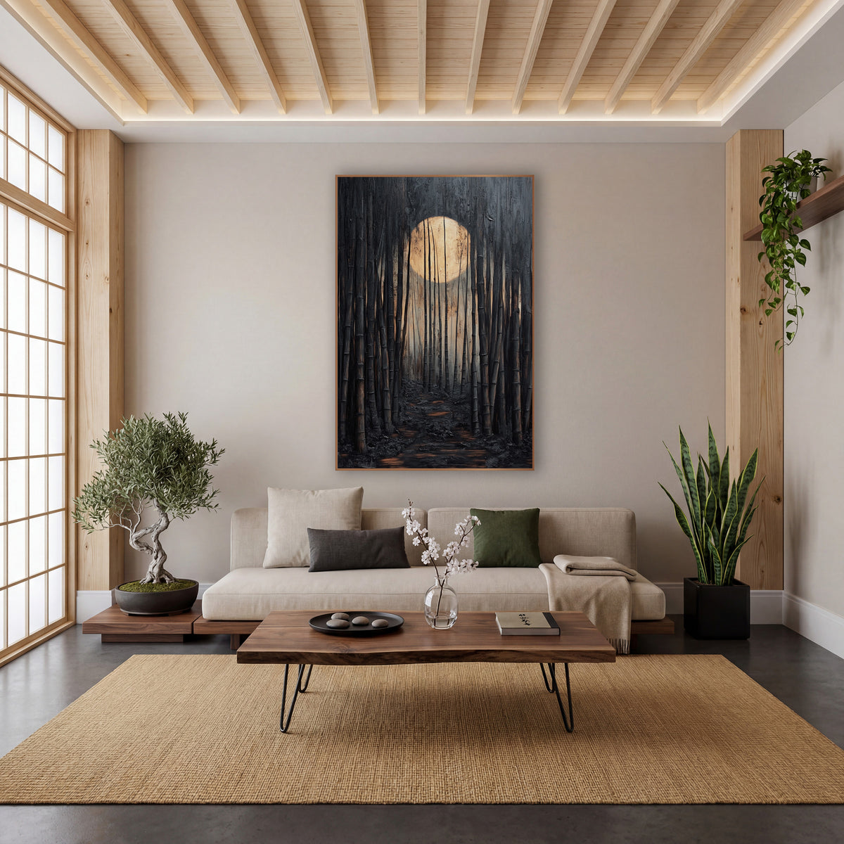 Moonlit Bamboo Grove Path Japandi wall art in a calm Japandi-style room – dark bamboo grove with a large glowing cream