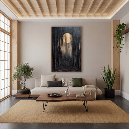 Moonlit Bamboo Grove Path Japandi wall art in a calm Japandi-style room – dark bamboo grove with a large glowing cream