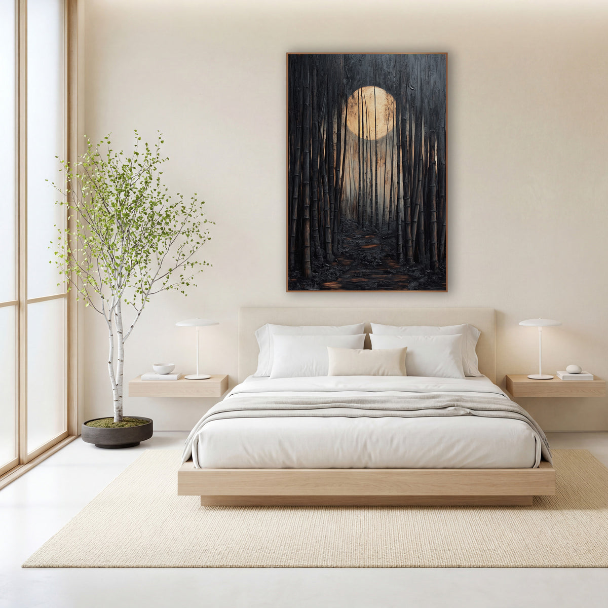 Moonlit Bamboo Grove Path Japandi wall art in a calm Japandi-style room – dark bamboo grove with a large glowing cream