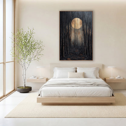 Moonlit Bamboo Grove Path Japandi wall art in a calm Japandi-style room – dark bamboo grove with a large glowing cream