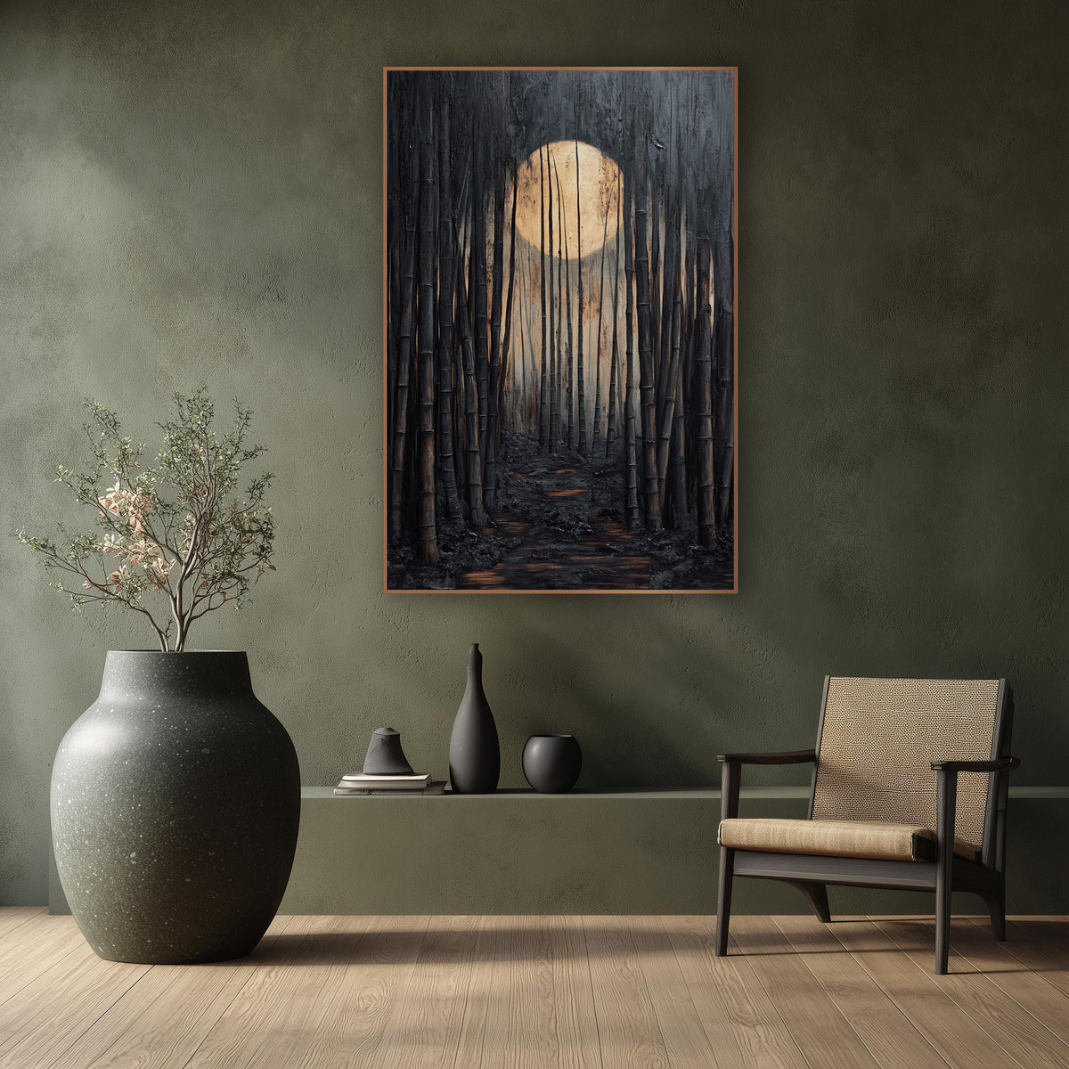 Moonlit Bamboo Grove Path Japandi wall art in a calm Japandi-style room – dark bamboo grove with a large glowing cream