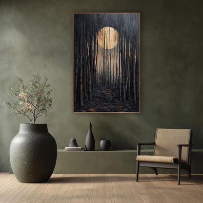 Moonlit Bamboo Grove Path Japandi wall art in a calm Japandi-style room – dark bamboo grove with a large glowing cream