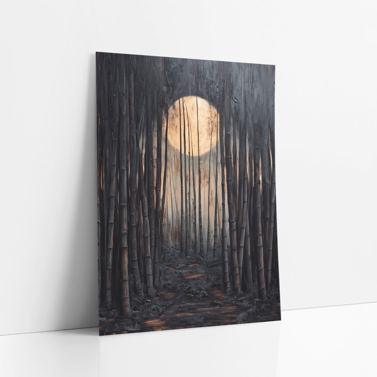 Moonlit Bamboo Grove Path Japandi art print leaning against a white wall – dark bamboo grove with a large glowing cream moon