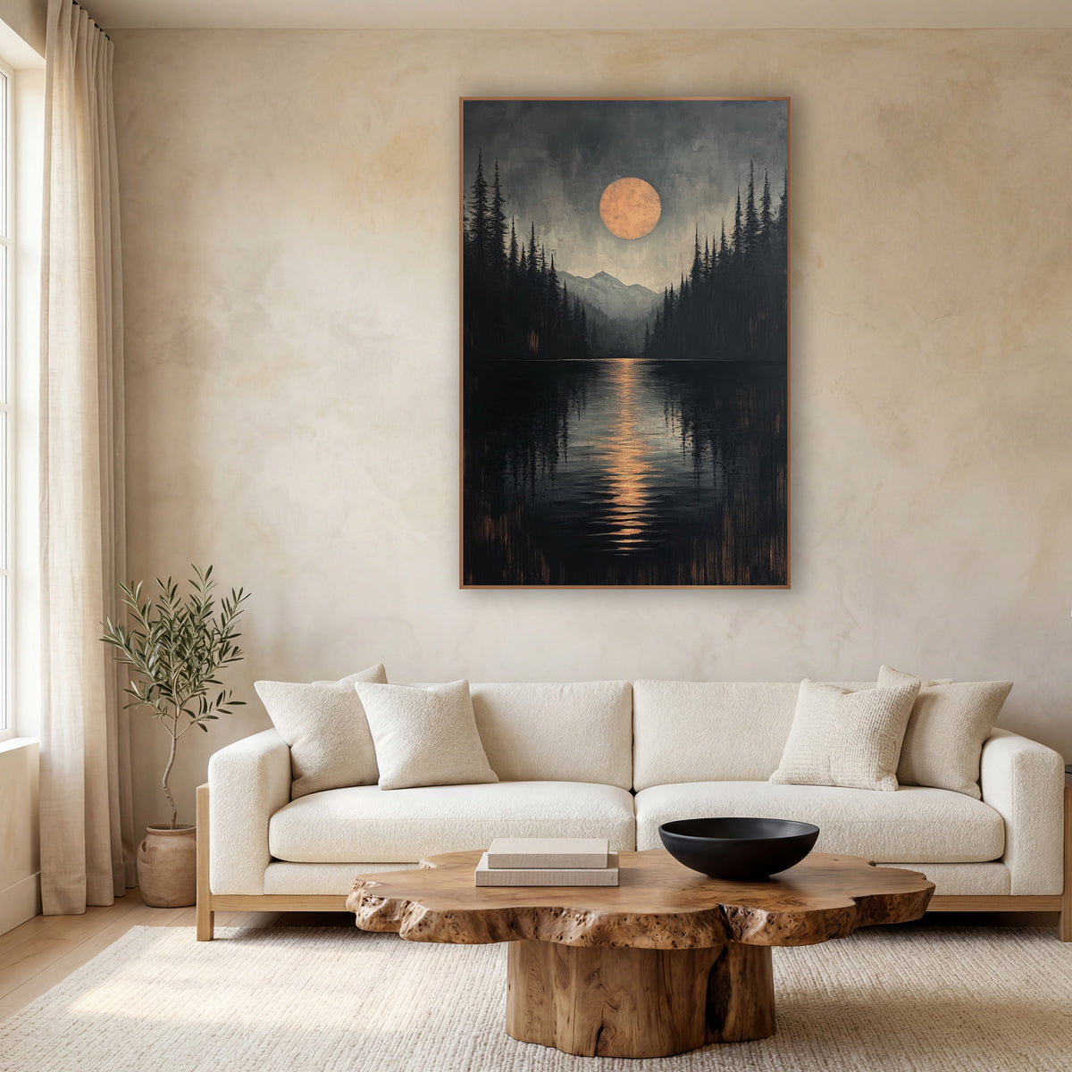 Lakeside Pines Japandi Moonrise wall art in a calm Japandi-style room – large copper-orange moon over a dark lake
