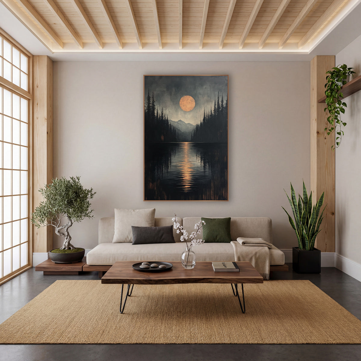Lakeside Pines Japandi Moonrise wall art in a calm Japandi-style room – large copper-orange moon over a dark lake