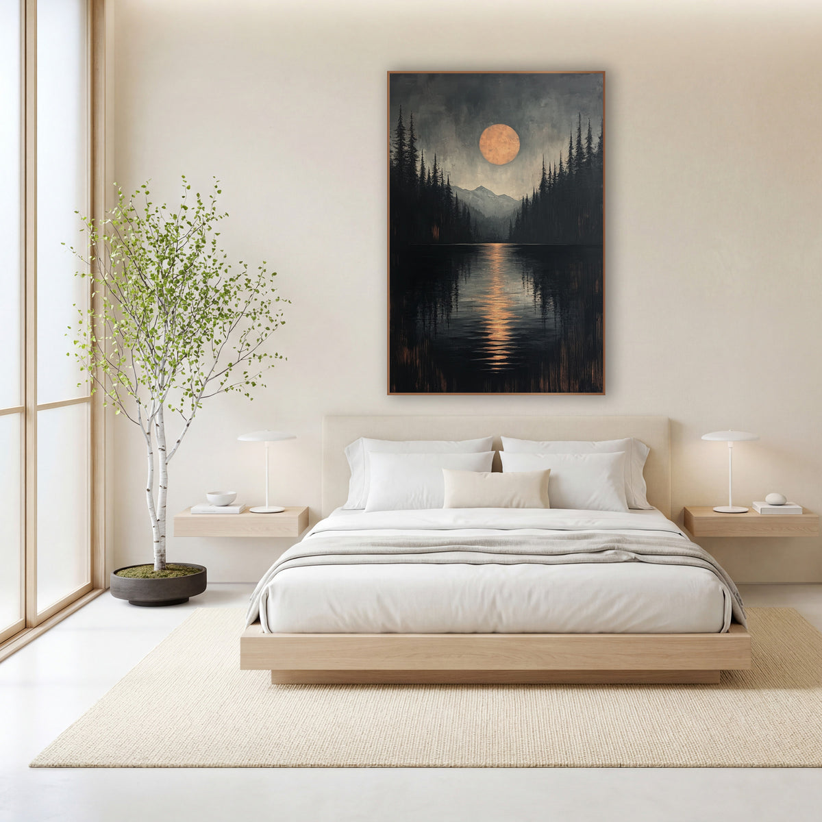 Lakeside Pines Japandi Moonrise wall art in a calm Japandi-style room – large copper-orange moon over a dark lake