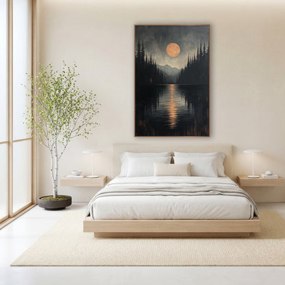 Lakeside Pines Japandi Moonrise wall art in a calm Japandi-style room – large copper-orange moon over a dark lake