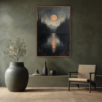 Lakeside Pines Japandi Moonrise wall art in a calm Japandi-style room – large copper-orange moon over a dark lake
