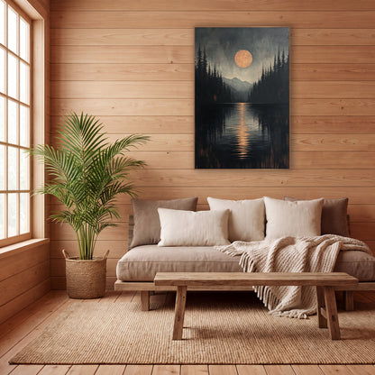 Lakeside Pines Japandi Moonrise wall art in a calm Japandi-style room – large copper-orange moon over a dark lake