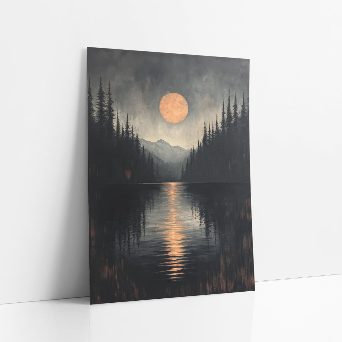 Lakeside Pines Japandi Moonrise art print leaning against a white wall – large copper-orange moon over a dark lake