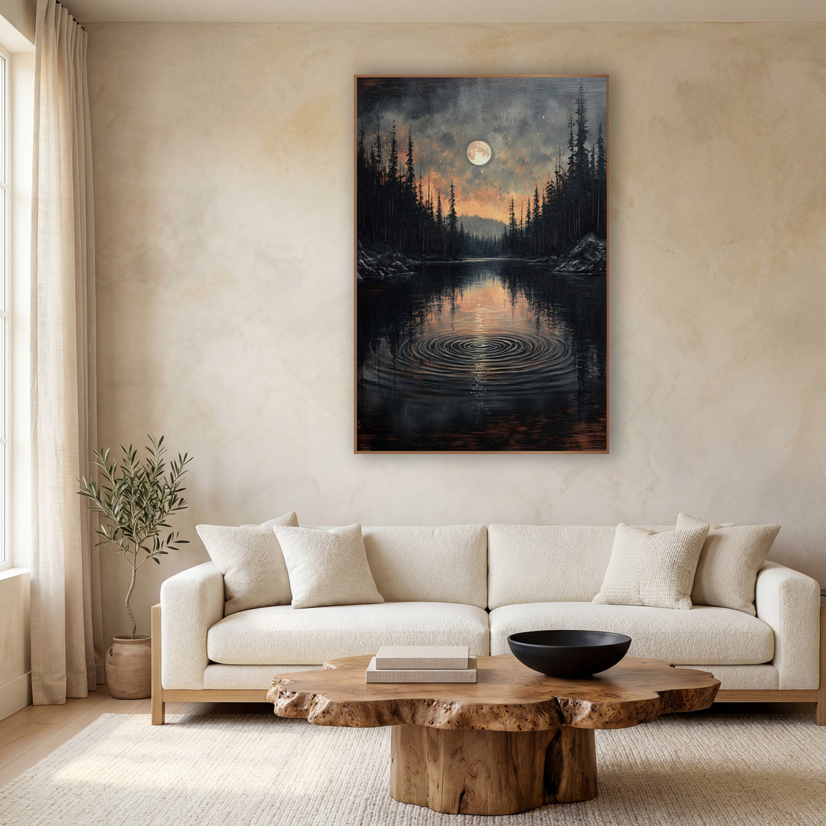 Ember Sky Lake Ripples Moody wall art in a calm Japandi-style room – full moon over a dark forest lake with circular