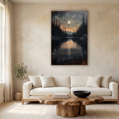 Ember Sky Lake Ripples Moody wall art in a calm Japandi-style room – full moon over a dark forest lake with circular