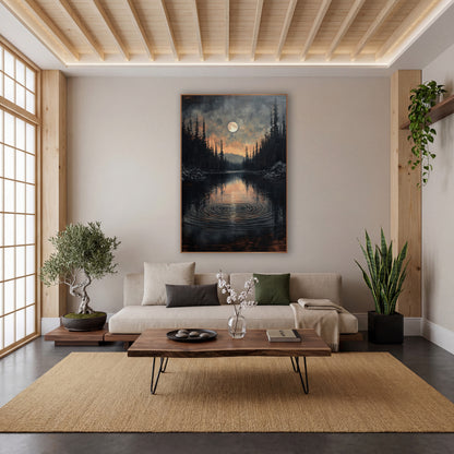 Ember Sky Lake Ripples Moody wall art in a calm Japandi-style room – full moon over a dark forest lake with circular