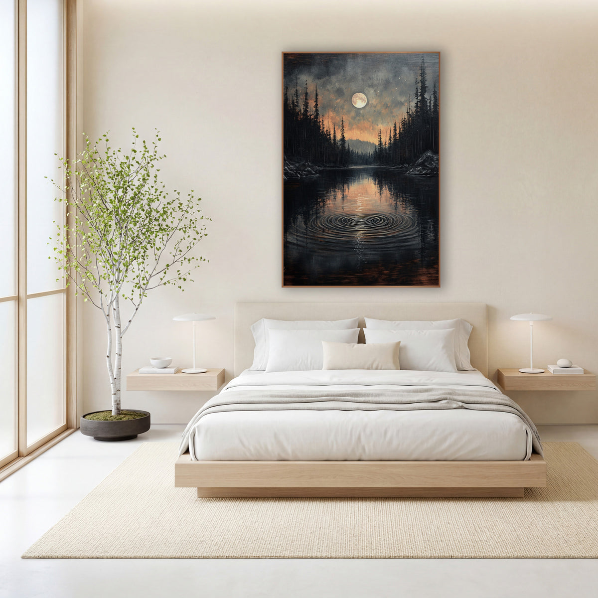 Ember Sky Lake Ripples Moody wall art in a calm Japandi-style room – full moon over a dark forest lake with circular