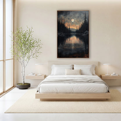 Ember Sky Lake Ripples Moody wall art in a calm Japandi-style room – full moon over a dark forest lake with circular