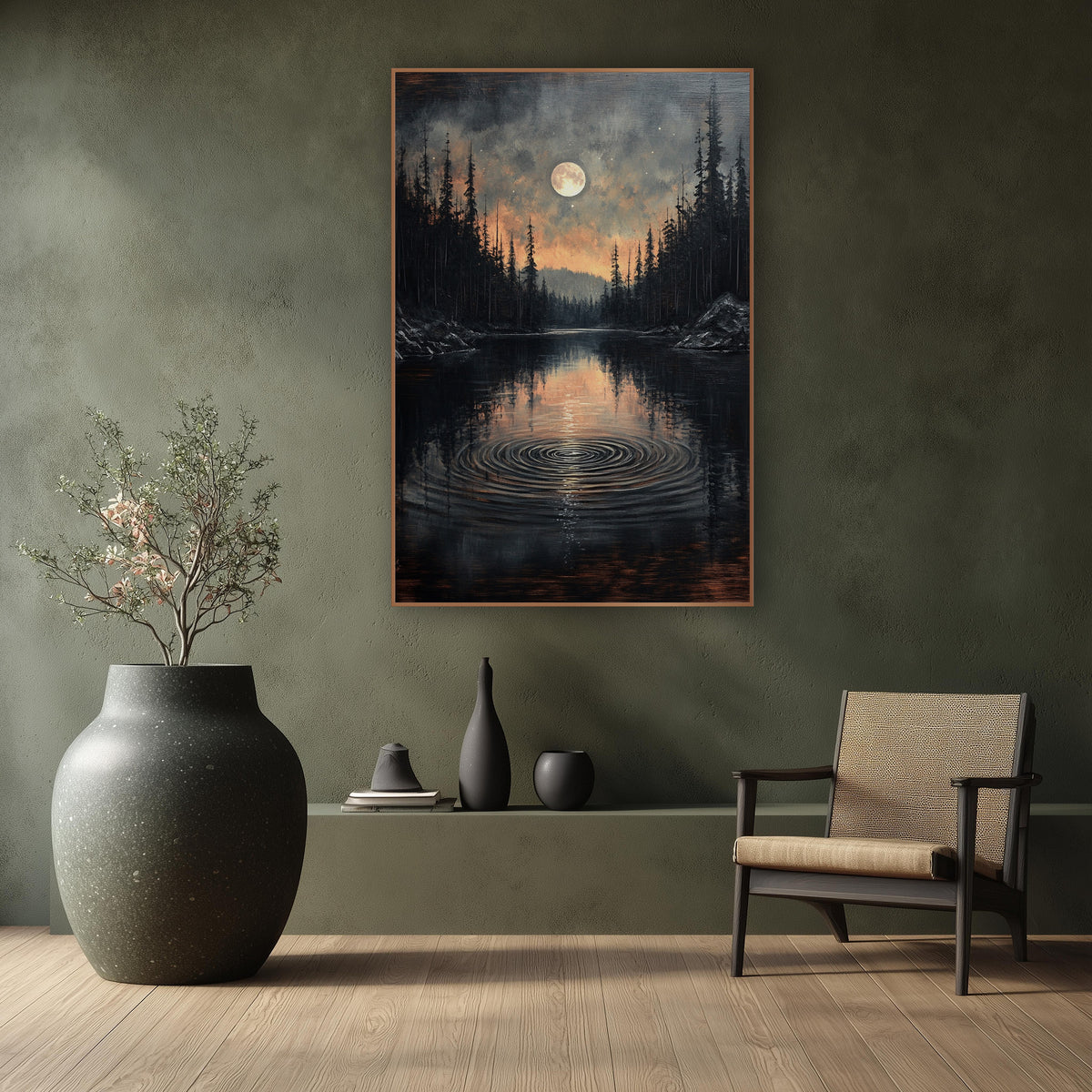 Ember Sky Lake Ripples Moody wall art in a calm Japandi-style room – full moon over a dark forest lake with circular