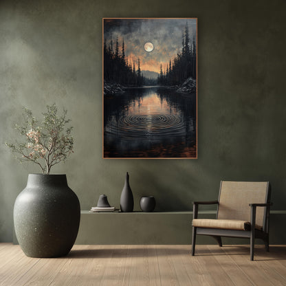 Ember Sky Lake Ripples Moody wall art in a calm Japandi-style room – full moon over a dark forest lake with circular