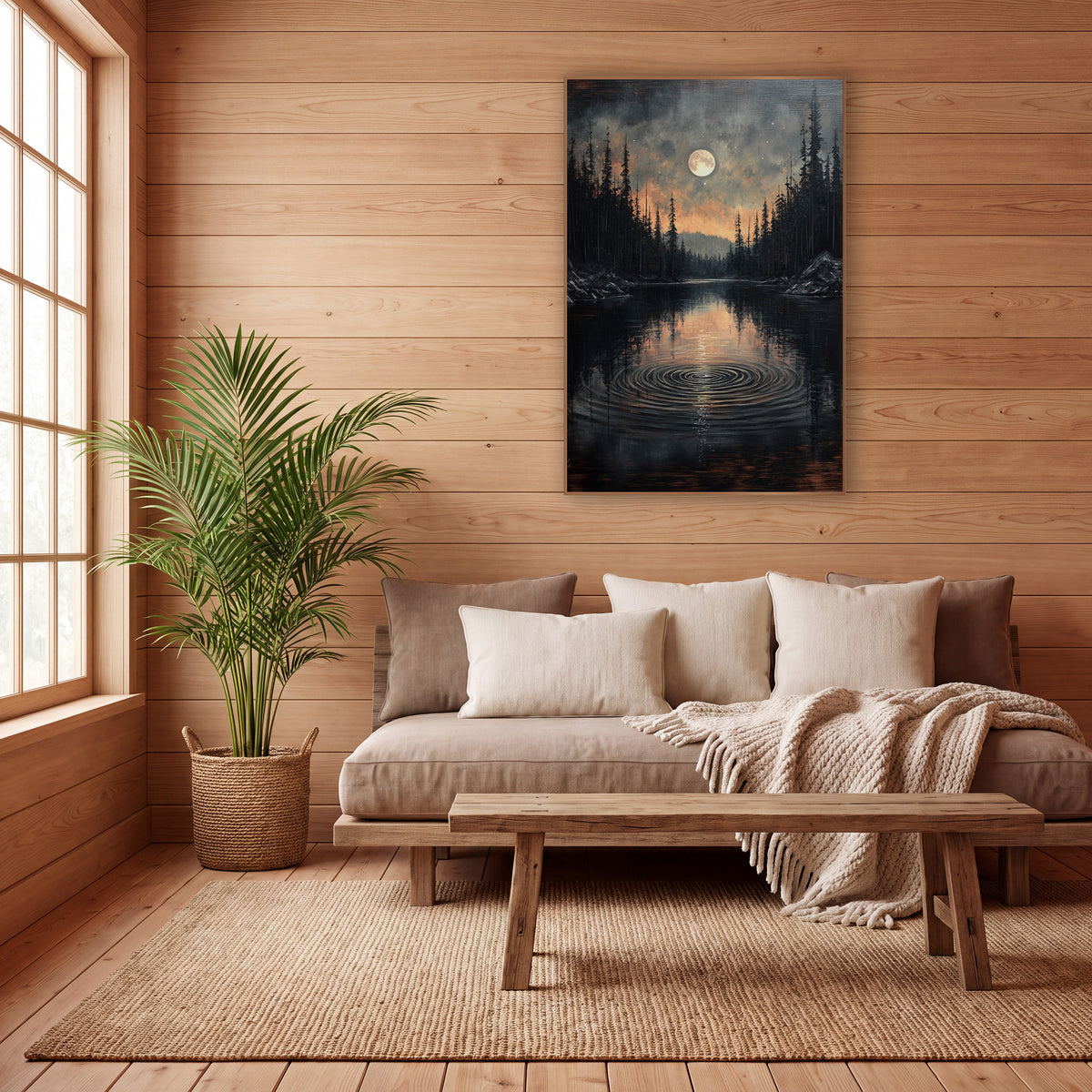 Ember Sky Lake Ripples Moody wall art in a calm Japandi-style room – full moon over a dark forest lake with circular