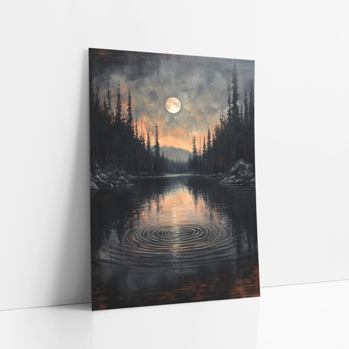 Ember Sky Lake Ripples Moody art print leaning against a white wall – full moon over a dark forest lake with circular