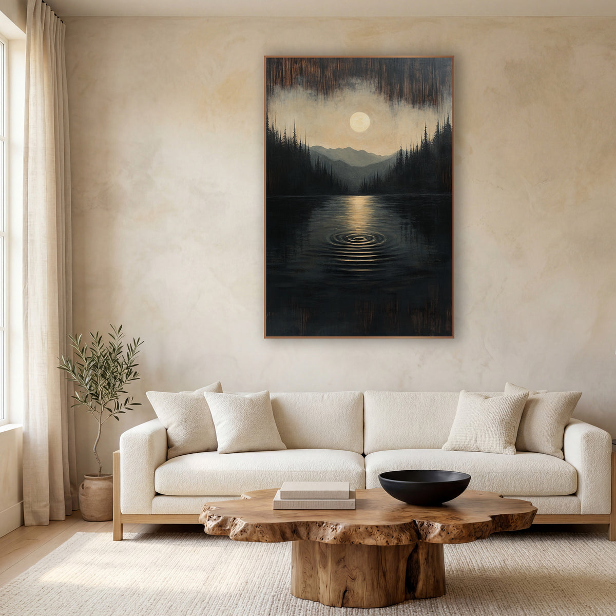 Moonlit Lake Ripple Landscape wall art in a calm Japandi-style room – pale full moon over a dark still lake with one