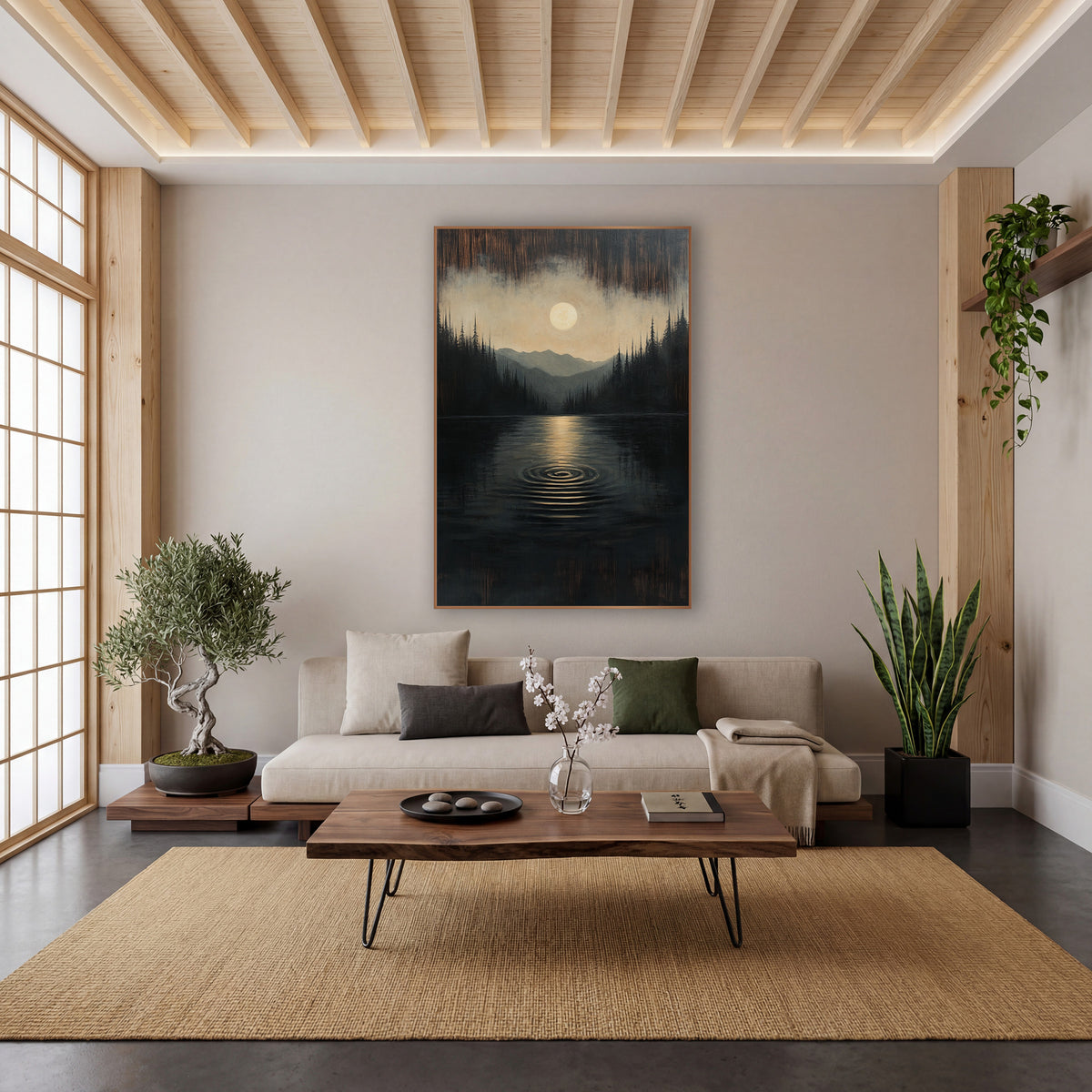 Moonlit Lake Ripple Landscape wall art in a calm Japandi-style room – pale full moon over a dark still lake with one