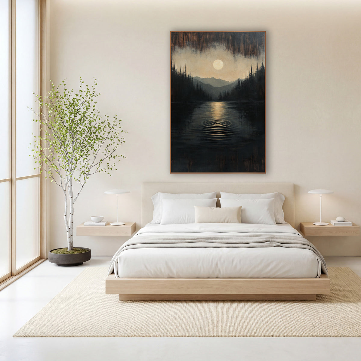 Moonlit Lake Ripple Landscape wall art in a calm Japandi-style room – pale full moon over a dark still lake with one