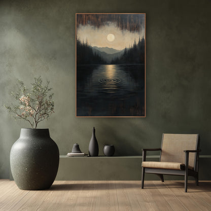 Moonlit Lake Ripple Landscape wall art in a calm Japandi-style room – pale full moon over a dark still lake with one