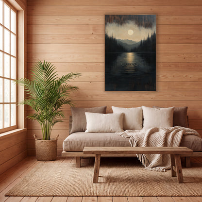 Moonlit Lake Ripple Landscape wall art in a calm Japandi-style room – pale full moon over a dark still lake with one