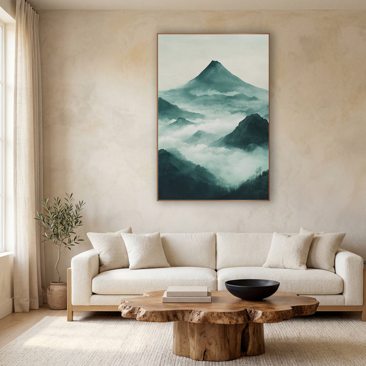 Misty Teal Mountain Peaks Japandi wall art in a calm Japandi-style room – cone-shaped mountain above layered teal