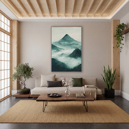 Misty Teal Mountain Peaks Japandi wall art in a calm Japandi-style room – cone-shaped mountain above layered teal