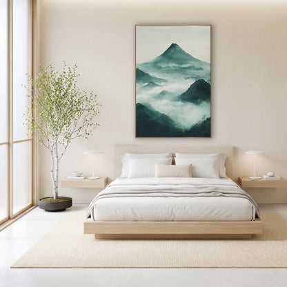 Misty Teal Mountain Peaks Japandi wall art in a calm Japandi-style room – cone-shaped mountain above layered teal