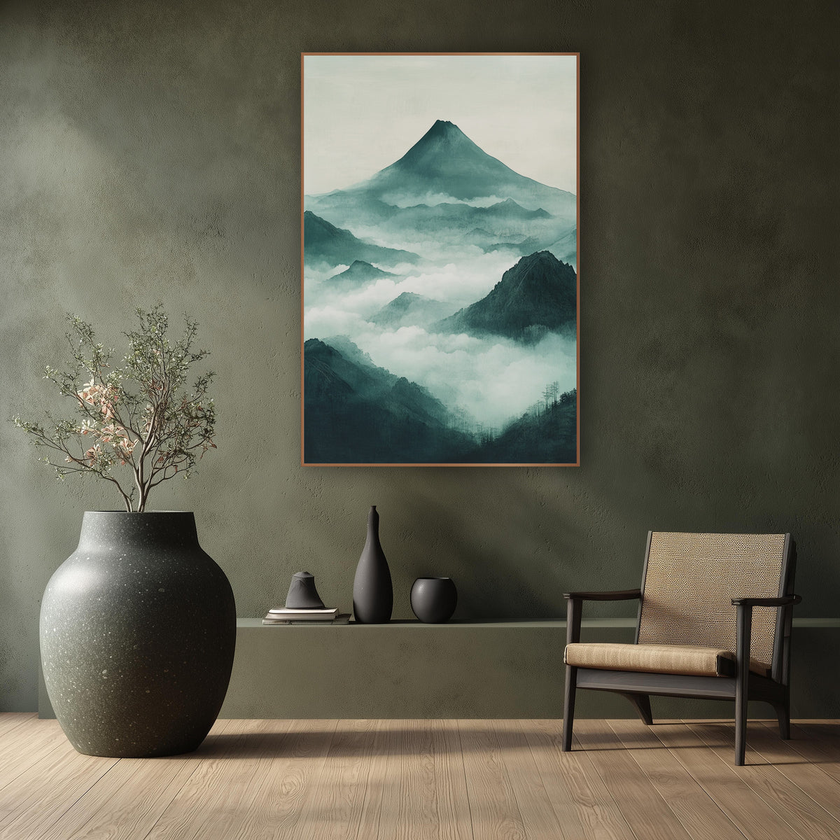 Misty Teal Mountain Peaks Japandi wall art in a calm Japandi-style room – cone-shaped mountain above layered teal