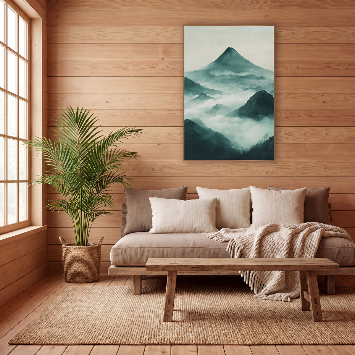 Misty Teal Mountain Peaks Japandi wall art in a calm Japandi-style room – cone-shaped mountain above layered teal