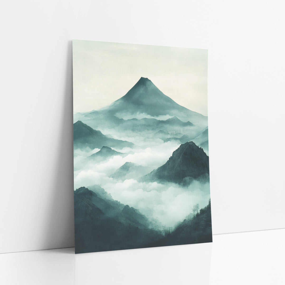 Misty Teal Mountain Peaks Japandi art print leaning against a white wall – cone-shaped mountain above layered teal ridges
