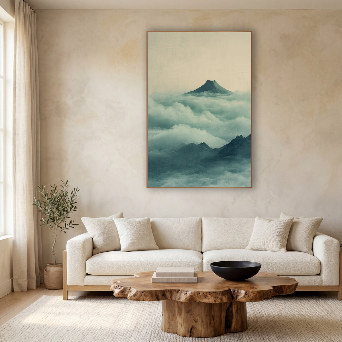 Misty Volcano Peak Japandi wall art in a calm Japandi-style room – lone dark volcano peak above rolling jade and teal