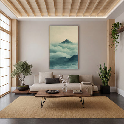 Misty Volcano Peak Japandi wall art in a calm Japandi-style room – lone dark volcano peak above rolling jade and teal