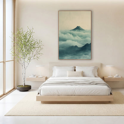 Misty Volcano Peak Japandi wall art in a calm Japandi-style room – lone dark volcano peak above rolling jade and teal