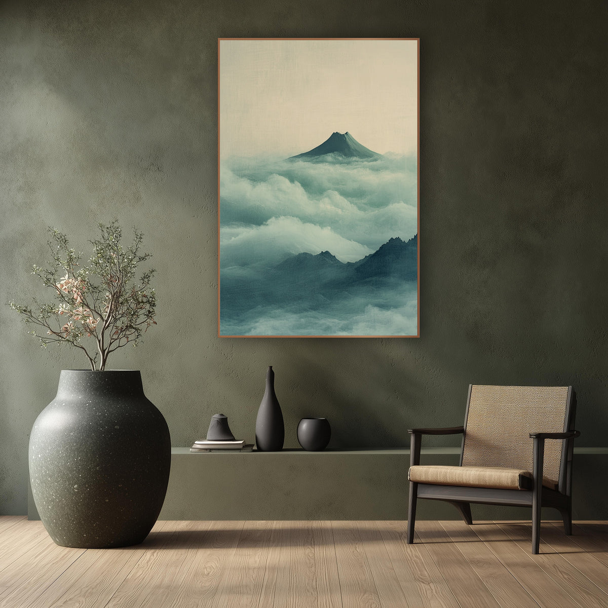 Misty Volcano Peak Japandi wall art in a calm Japandi-style room – lone dark volcano peak above rolling jade and teal