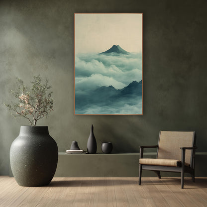 Misty Volcano Peak Japandi wall art in a calm Japandi-style room – lone dark volcano peak above rolling jade and teal